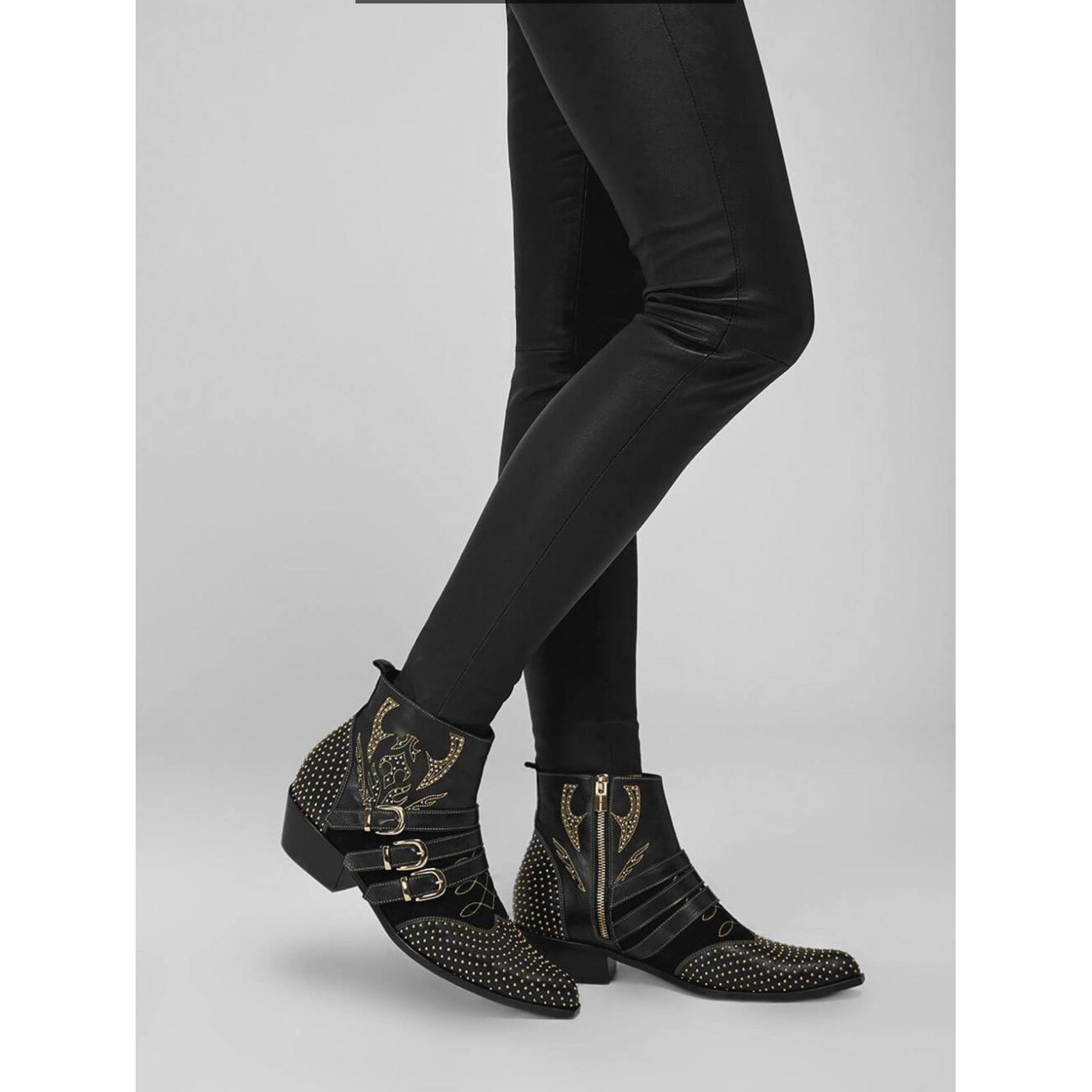 Anine Bing Penny Ankle Boots 37 Black Gold Studded Zipper Buckles 6.5 Us